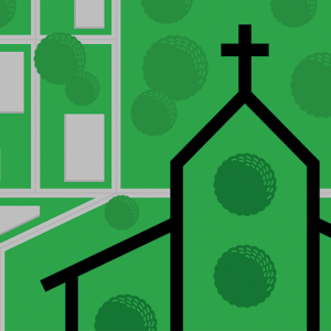 A graphic of an outline of a church building and an aerial view of sidewalks and neighborhood streets.