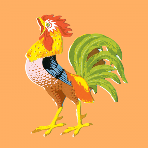 An illustration with an orange background of a vibrantly colored rooster cawing.