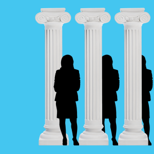 Greek columns with a silhouette of Vice President Kamala Harris.