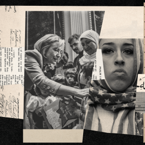 A collage of American iconography and photos of Muslims in America.