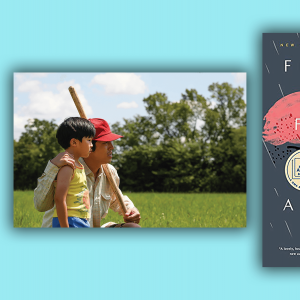A Korean father and his son stand in a field in rural Arkansas in a scene from Minari. Next to it is the cover of Asha Lemmie's novel 'Fifty Words for Rain'