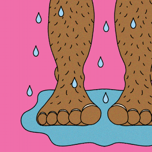 Illustration of water dripping off of brown legs to pool around the feet