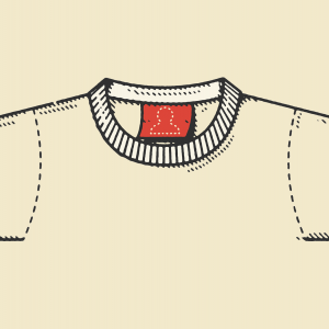 Illustration of the silhouette of a t-shirt with a red tag featuring a human outline