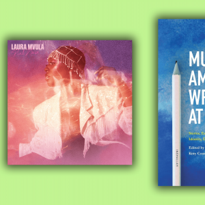 The cover of Laura Mvula's album is a photo of her dancing among stars and galaxies, and the cover of 'Muslim Writers At Home' is a blue background with a pen.