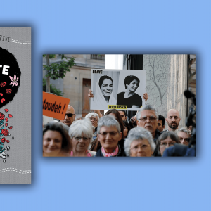 The cover for 'Concrete Kids' features an illustration of a teen with an afro and roses placed throughout it. The scene from 'Nasrin' is a photo of a march for human rights in Iran.