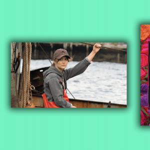 A scene from CODA of 17-year-old Ruby on a fishing boat. The cover of 'Abuelita Faith' has a background of flowers in warm colors.