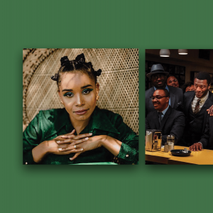 The left photo is of Christina Cleveland posing in a green dress with her hands folded. In the right photo, Black civil rights activists are gathered in a bar, a scene from the film 'One Night in Miami.'