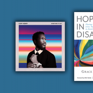 The cover of Cory Henry's album is an outline of him with a colorful rainbow background. The cover of Kim's book features a starburst of color.