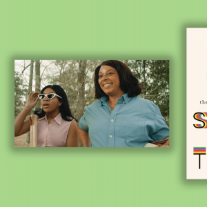 A scene from 'The Trees Remember' where a young Black girl is looking at nature with sunglasses and an older Black woman is standing with her smiling. The cover of 'On the Spectrum' has colorful letters on a white background.