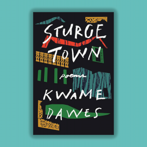 The image is of the book called Sturge Town which is a poetry collection. The book is a dark gray with shapes in red, blue, green, and yellow