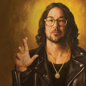 A painting in the style of a saint depicting former Hillsong pastor Carl Lentz with an aura of light behind his head. He's crossing the fingers of his raised right hand and wearing a black leather jacket and gold necklace. 