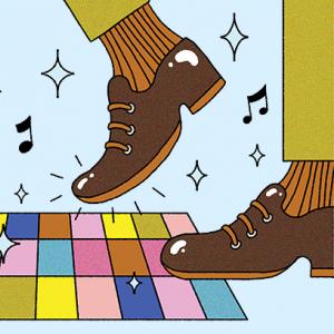 Illustration of feet dancing on a multicolored dance floor