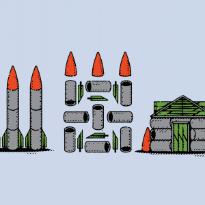 Illustration of nuclear weapons being deconstructed and rebuilt into a house.
