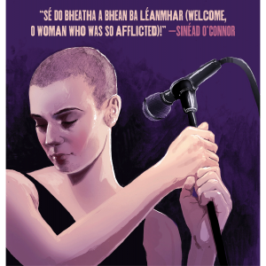 The illustration shows a white woman with a buzzcut holding a microphone stand. She is wearing a black tank top. Over head are the lyrics "Welcome, O' woman who was afflicted"
