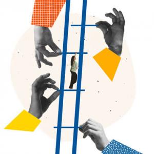An illustration of a person climbing a ladder while giant hands add rungs to the ladder's frame.