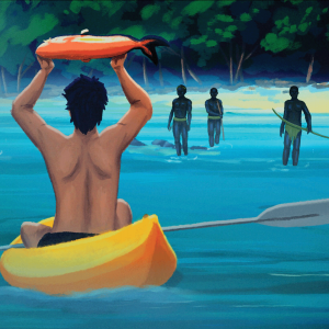 The illustration shows the back of a shirtless man on a kayak, holding a large fish over his head. People are walking towards him from the island, with weapons. 