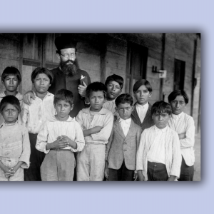 In this vintage photo, a bishop of a church stands among Indigenous children, a scene from 'Exterminate All the Brutes.'