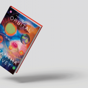 The image shows the cover of the book "orbital" which has rainbow colored planet shaped orbs 