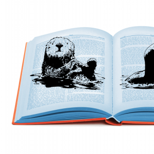 A drawing of an otter looking like it is floating on the pages of an open book.