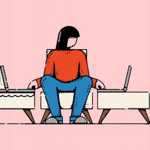 Illustration of a parent with one hand caring for a child in a crib and one hand typing on a laptop.