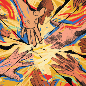 The illustration is a bunch of hands reaching towards something in the middle, with flames surrounding them, and lines criss-crossing the image, to give it a fractured look 