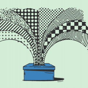 An illustration of a voting box bursting with polka dots, stripes, stars, etc.