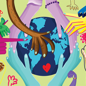 Illustration of several hands, all different colors from green to blue to purple, circled around and caressing a globe.
