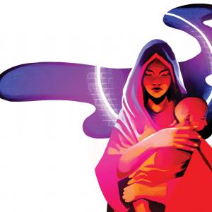 A vibrant illustration of Mary in a hood holding baby Jesus in tones of violent, blue, orange, and red. A glowing halo surrounds her as she closes her eyes.