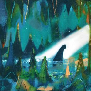 A painting of a lush cave with a lake. Stalagmites and stalactites fill the foreground and background, and a beam of light shines into the middle of the lake over a mysterious figure that resembles the loch-ness monster.