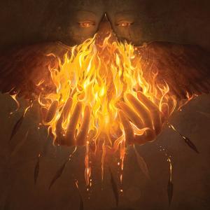 An illustration of a bird engulfed in flames with its wings spread out being held in human hands. A person's face is visible in the dark backdrop with glowing orange eyes, staring down at the bird poised over their cupped hands as feathers float downward.
