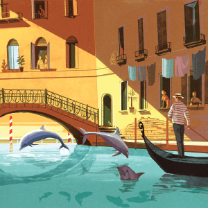 An illustration of a gondolier going through a Venetian canal with dolphins jumping out.