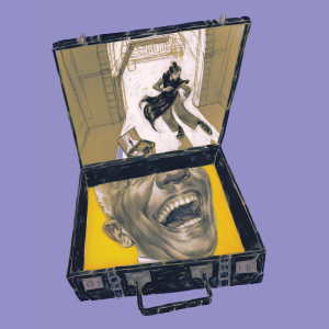 The illustration shows an open suitcase with the face of a man laughing on the bottom half, and a woman dancing in an empty room on the top half.  