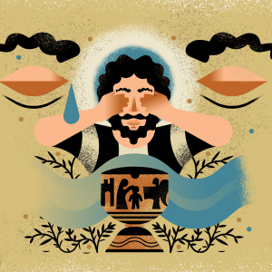 An illustration of a man with dark hair and a beard, covering his eyes as a tear falls. In front of him there is a chalice and flowing water. 