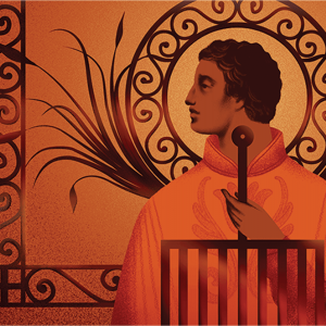 Illustration of a man looking to his side, surrounded by abstract swirls and plants all in an orange hue.
