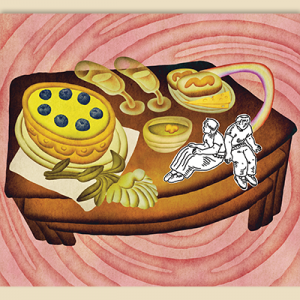 Illustration of a table filled with wine, bread, soup, a cake, and two small figures sitting on the table.