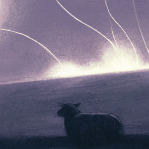 The illustration shows a sheep looking out at a hill that is lit up with bombs. 