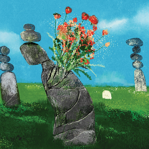 The illustration shows five stacks of rocks in a grassy field with a blue sky. Coming out of one of the stacks is a bouquet of red flowers 