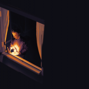 The illustration shows a woman holding a candle, looking out of a window