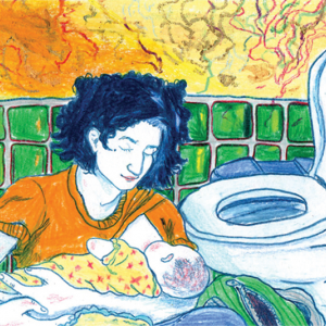 An illustration of a mother sitting down in a bathroom breastfeeding her infant. She leans against a wall with green tiles on the bottom section and swirls of orange paint on the top third of the wall.