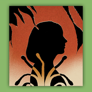 Red gradient background with shadowed profile of a woman with a mysterious plant overlayed on top of her.