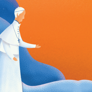 The illustration shows Pope Francis reaching out a hand on an orange background with blue waves