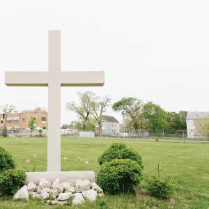 A cross on the lawn of Precious Blood ministry in Chicago.