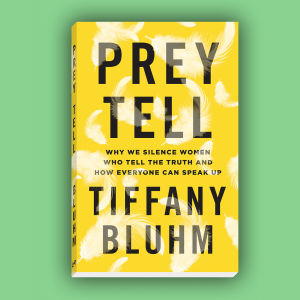 The cover of 'Prey Tell' by Tiffany Bluhm. It has a yellow background with white feathers.