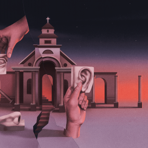 Abstract illustrations of ears, hands, and a church building in a sinister red.