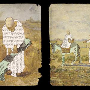 Two pages with frayed edges are placed side to side. The left page depicts a woman plowing in a field, but the tool has been replaced by a partial 100-dollar bill. The right page shows a woman on a horse with a man following her and carrying a pitchfork.