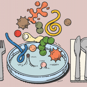 Illustration of pathogens floating over a place setting