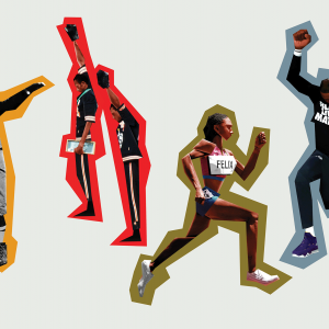 The illustration shows five Black athletes in history, designed in a blocky/collage style and surrounded in a colorful thick outline. 