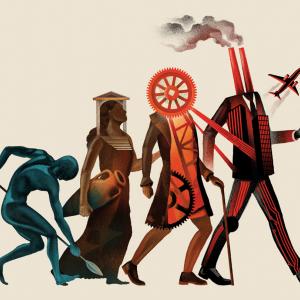 An illustration of four anthropomorphic representations of human revolutions. From left to right, a blue man is digging. A tan woman is holding a vase. An orange figure has a mechanical gear for a head. A man is wearing a suit with smokestacks for a head.