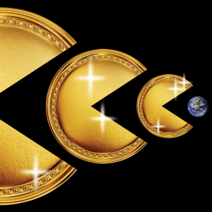 Three large cold coins are lined up, each shaped like Pac Man. They are facing a small globe that looks like Earth, as if they are going to consume it.
