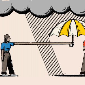Illustration of a person in a red shirt standing under a raincloud and rainstorm. Another person is holding an umbrella over them with an exaggeratedly extended arm. 